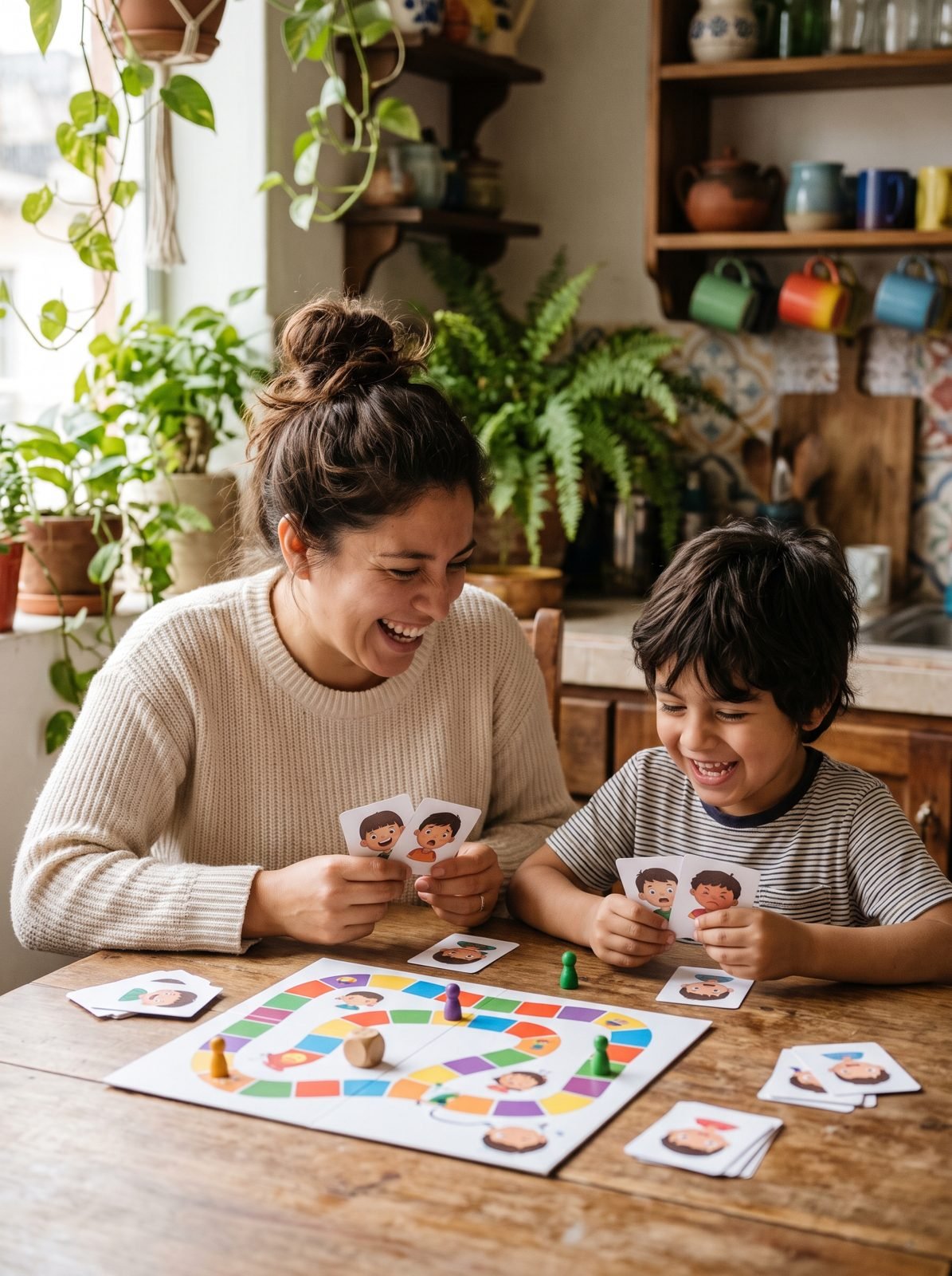 Mamá e hijo jugando con tarjetas de emociones en la mesa